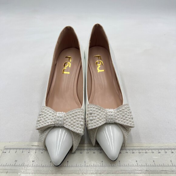 FSJ White Pointed Toe Crystal Pump Rhinestone Bow Block Low Heel Slip On Shoes - Picture 3 of 8